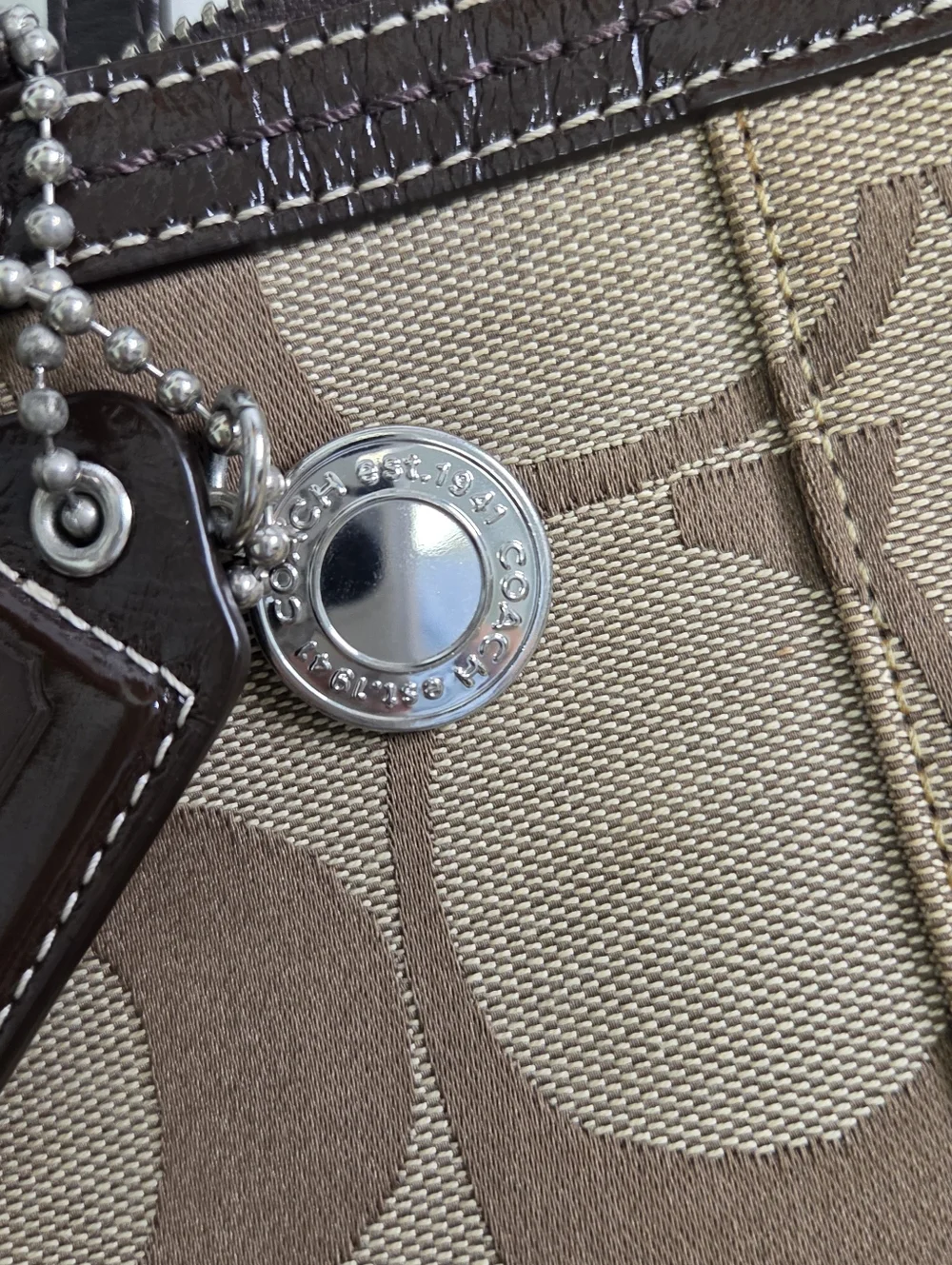 COACH Signature Stripe Tote Brown Khaki Shoulder Bag F13548